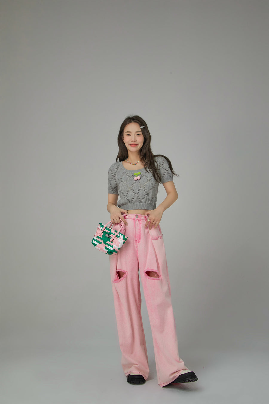 CHUU Cherry Knit Crochet Crop Sweater