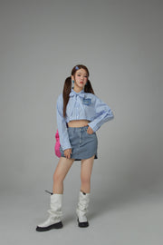 Heart Denim Pocket Stripe Crop Shirt