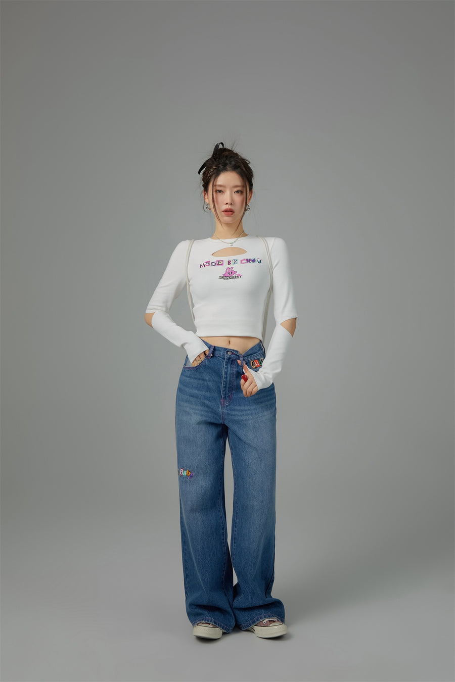 CHUU Bunny Club Elbow Chest Cutout Long-Sleeves Top