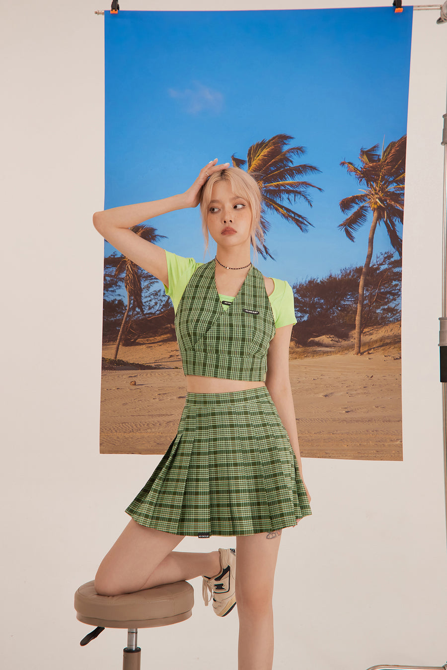 CHUU Check Tennis Pleat Mini Skirt