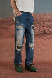 Distressed Washed Camouflage Straight Jeans