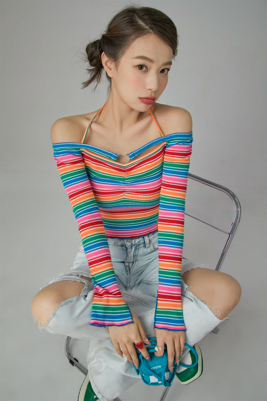 CHUU Rainbow Stripes Off-Shoulder Top