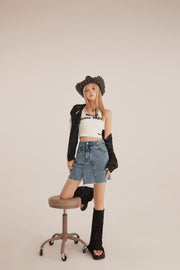 Unbalanced Cut Denim Mini Skirt