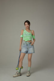 Chuu Babe Off-The-Shoulder Asymmetrical Cropped T-Shirt