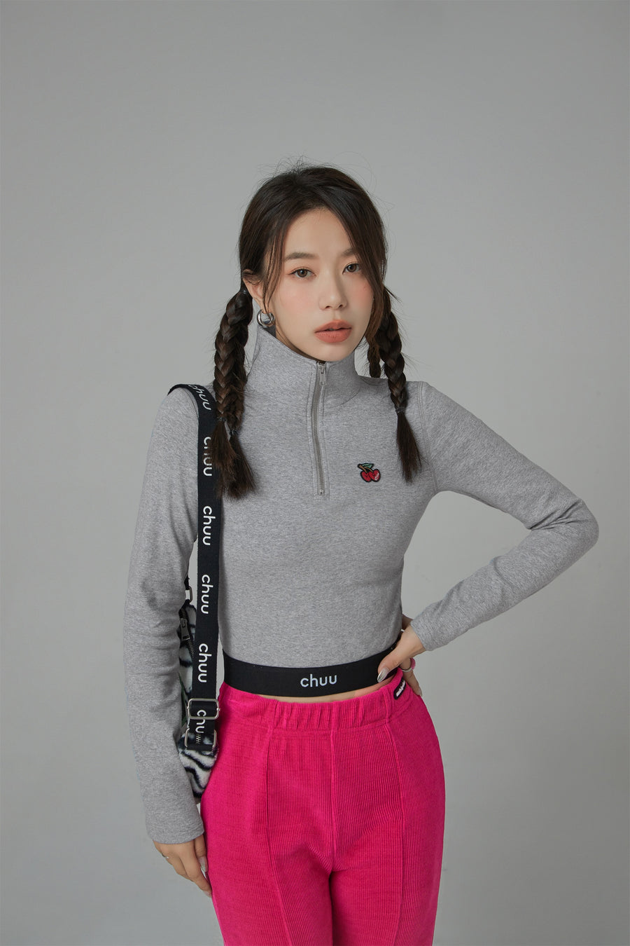 CHUU Love Zone Cherry Half-Zip Cropped T-Shirt