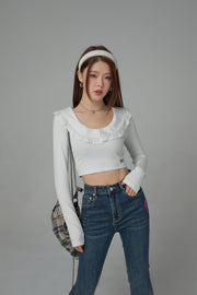 Eyelet Lace Collar Long-Sleeved Crop Top