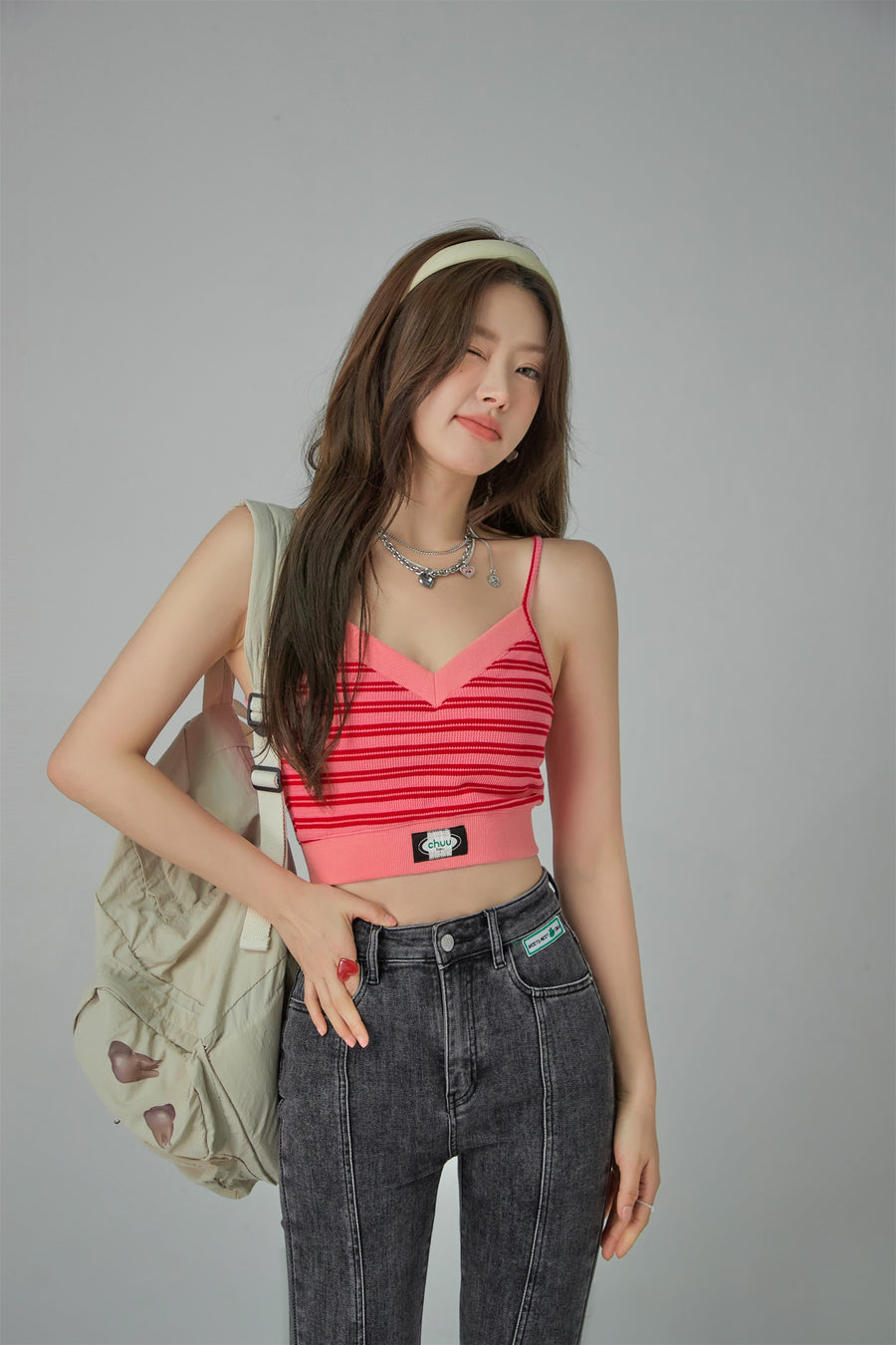 CHUU V Neck Stripe Knit Crop T-Shirt