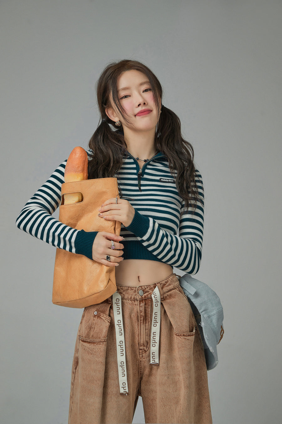 CHUU I Own A Yacht Polo Neck Stripe Cropped Knit Top