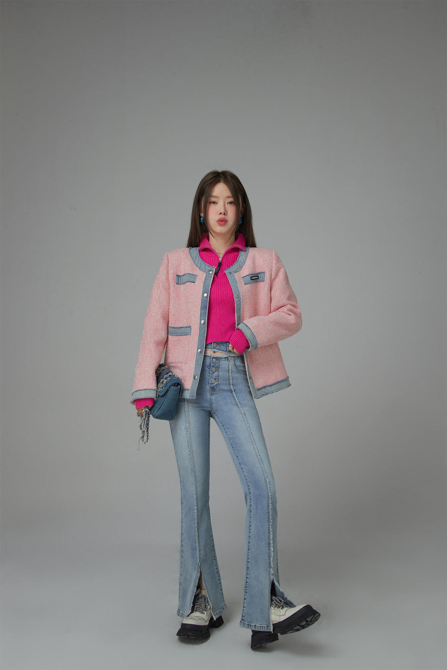 CHUU Front Slit Cutout High-Waist Washed Jeans