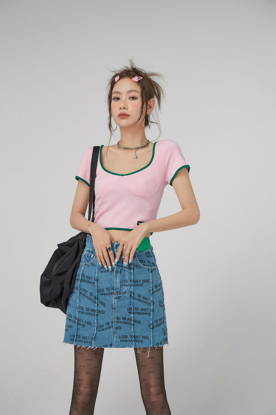 CHUU Nice To Meet Chuu Print Denim Skirt