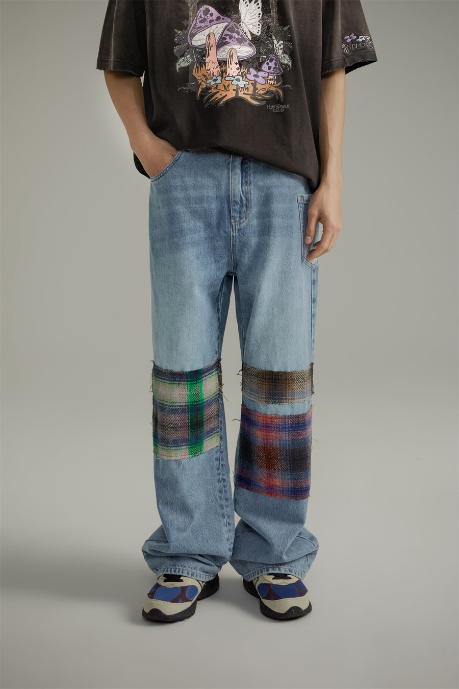 CHUU Tartan Patchwork Wide Straight Jeans