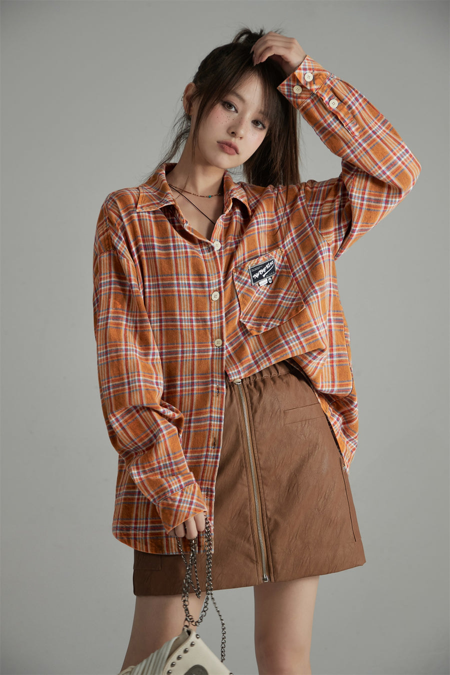 CHUU Check Print Loose Fit Button-Up Shirt