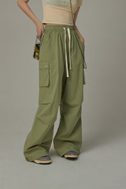 Basic Color String Cargo Wide Pants