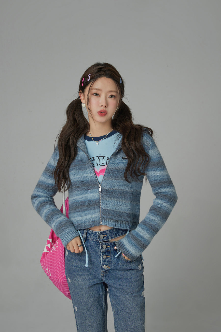 CHUU Rainbow Striped Zip-Up Knit Cardigan