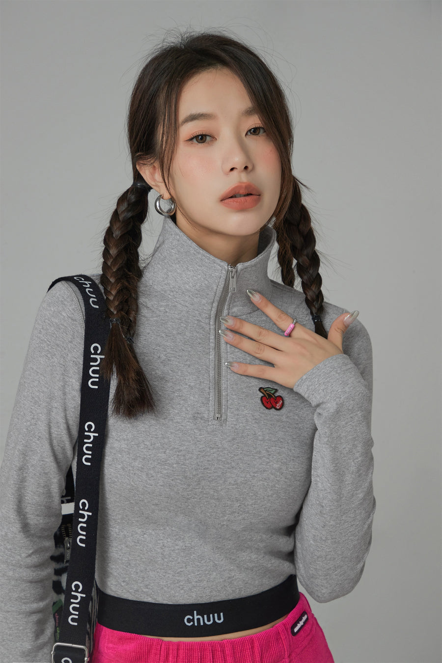 CHUU Love Zone Cherry Half-Zip Cropped T-Shirt