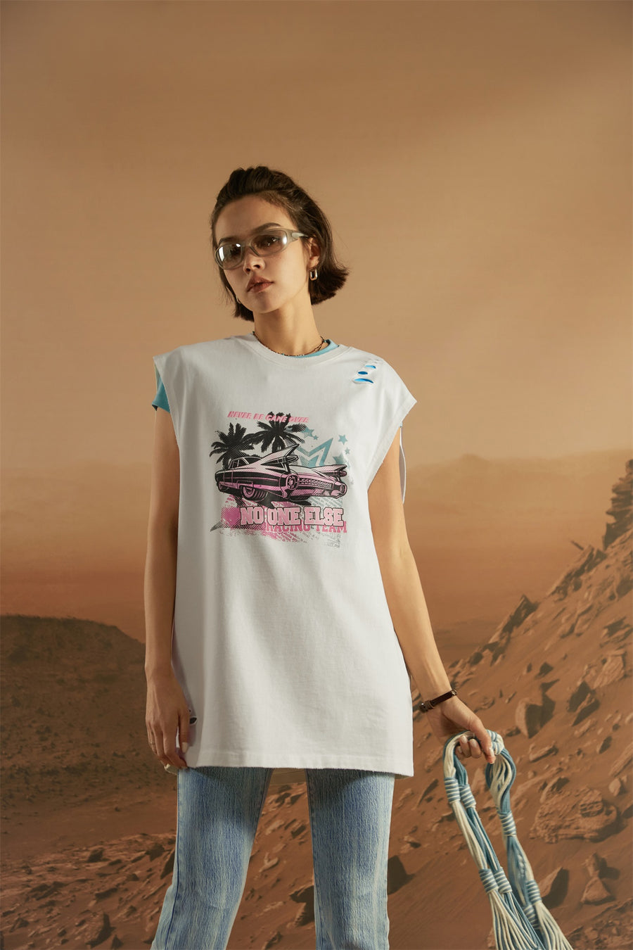 CHUU Distressed Printed Car Loose Fit T-Shirt