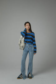 Distressed Stripe Crop Knit Top