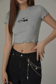 Chuu Cherry Lettuce Hem Cropped Top