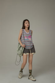 Chuu Baby Printed Design Striped Sleeveless Oversized T-Shirt