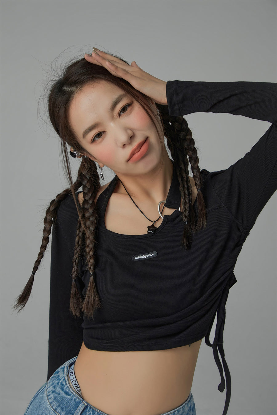 CHUU Unbalanced String Cropped T-Shirt