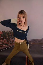 Round Neck Lettering Long Sleeve Crop Knit Top