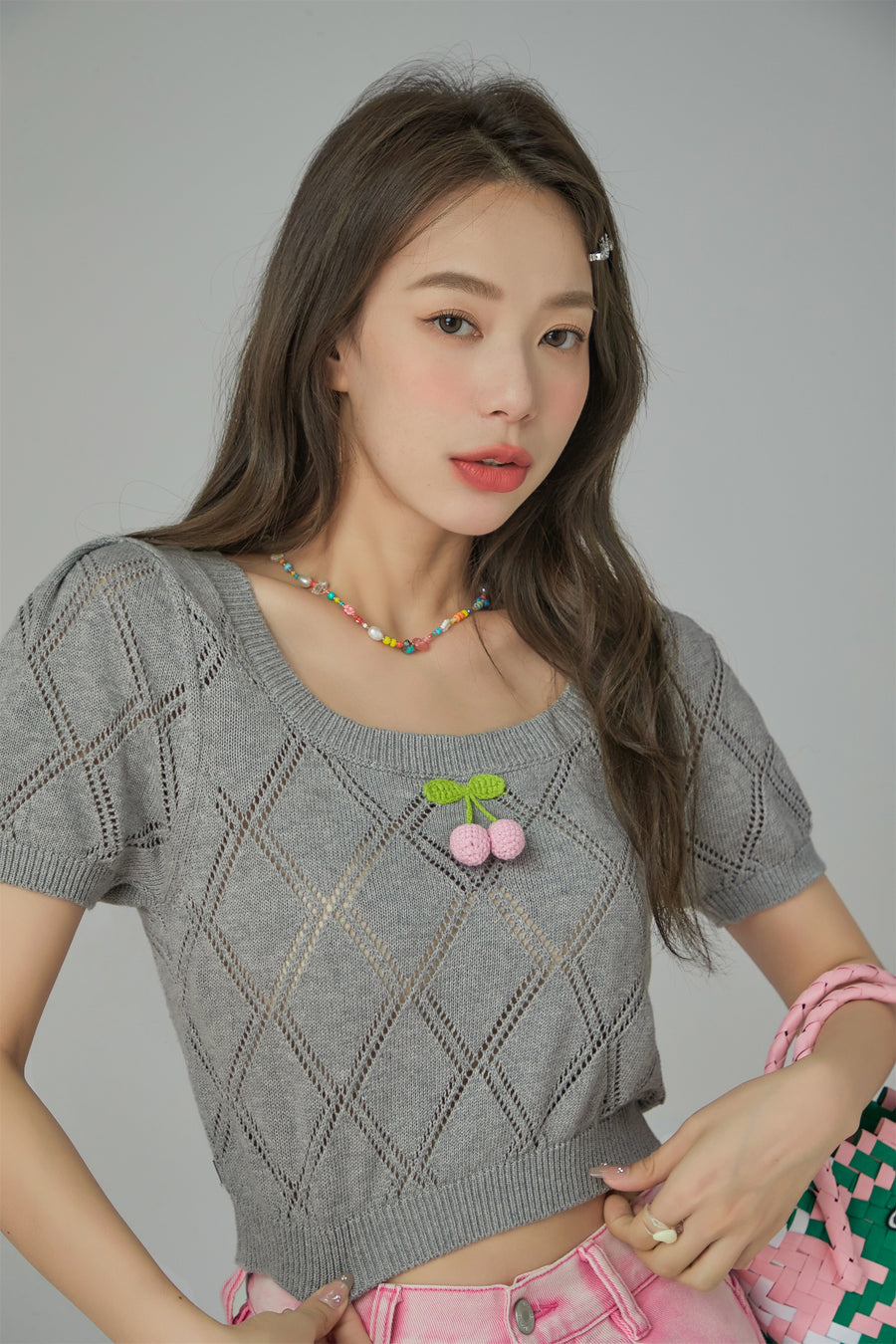 CHUU Cherry Knit Crochet Crop Sweater