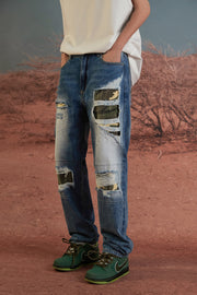 Distressed Washed Camouflage Straight Jeans