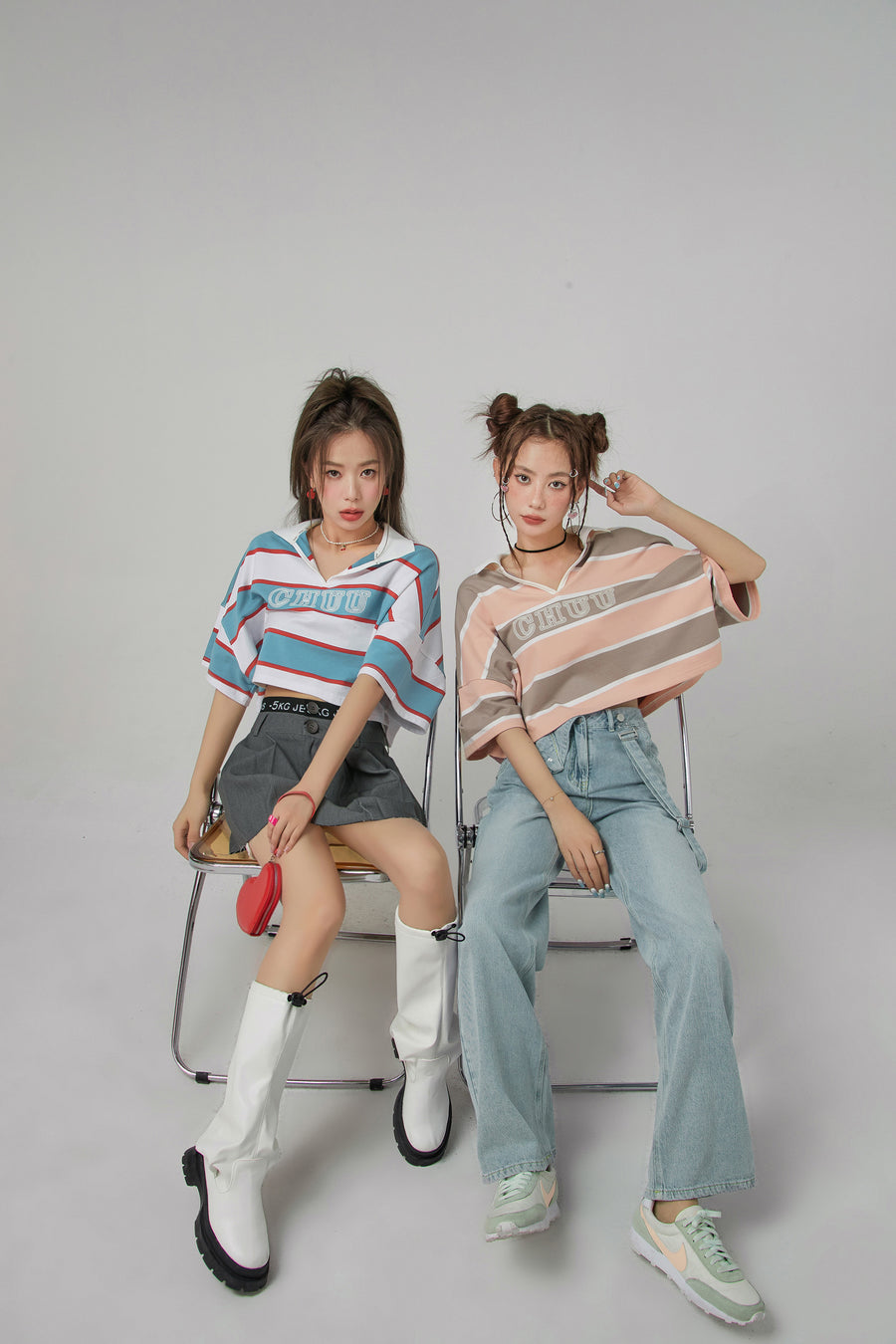 CHUU V-Neck Stripe Crop T-Shirt