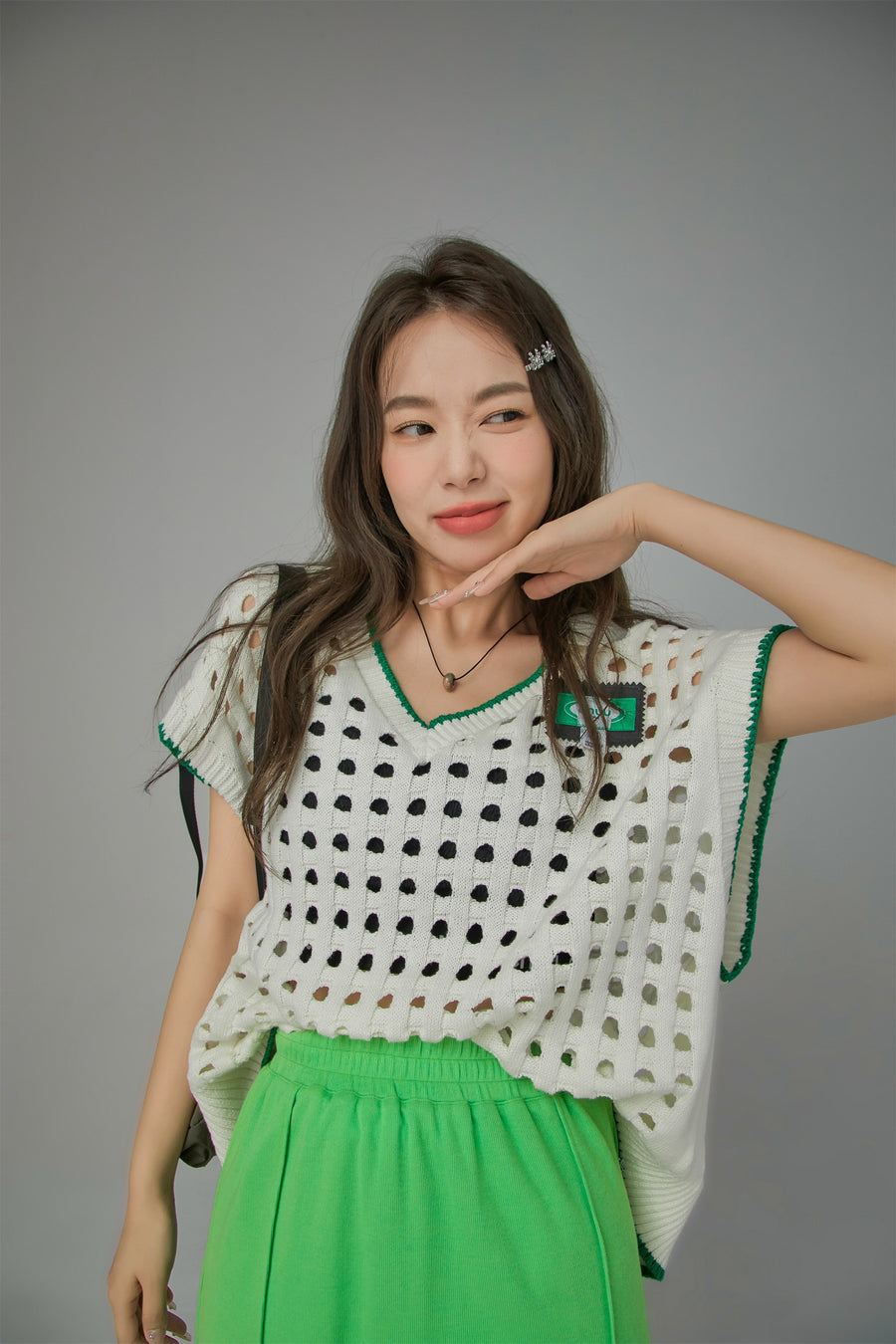 CHUU Ex-Varsity Girl Crochet Vest Sweater