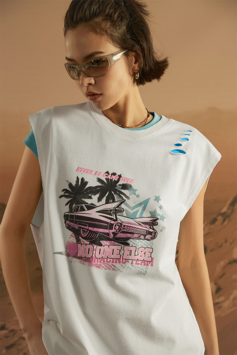 CHUU Distressed Printed Car Loose Fit T-Shirt