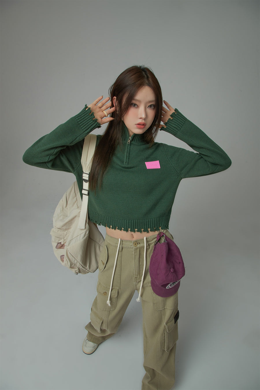 CHUU Candy Crop Half Zip-Up Knit Top