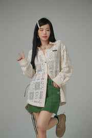 Fancy Eyelet Loose Fit Knit Sweater Shirt