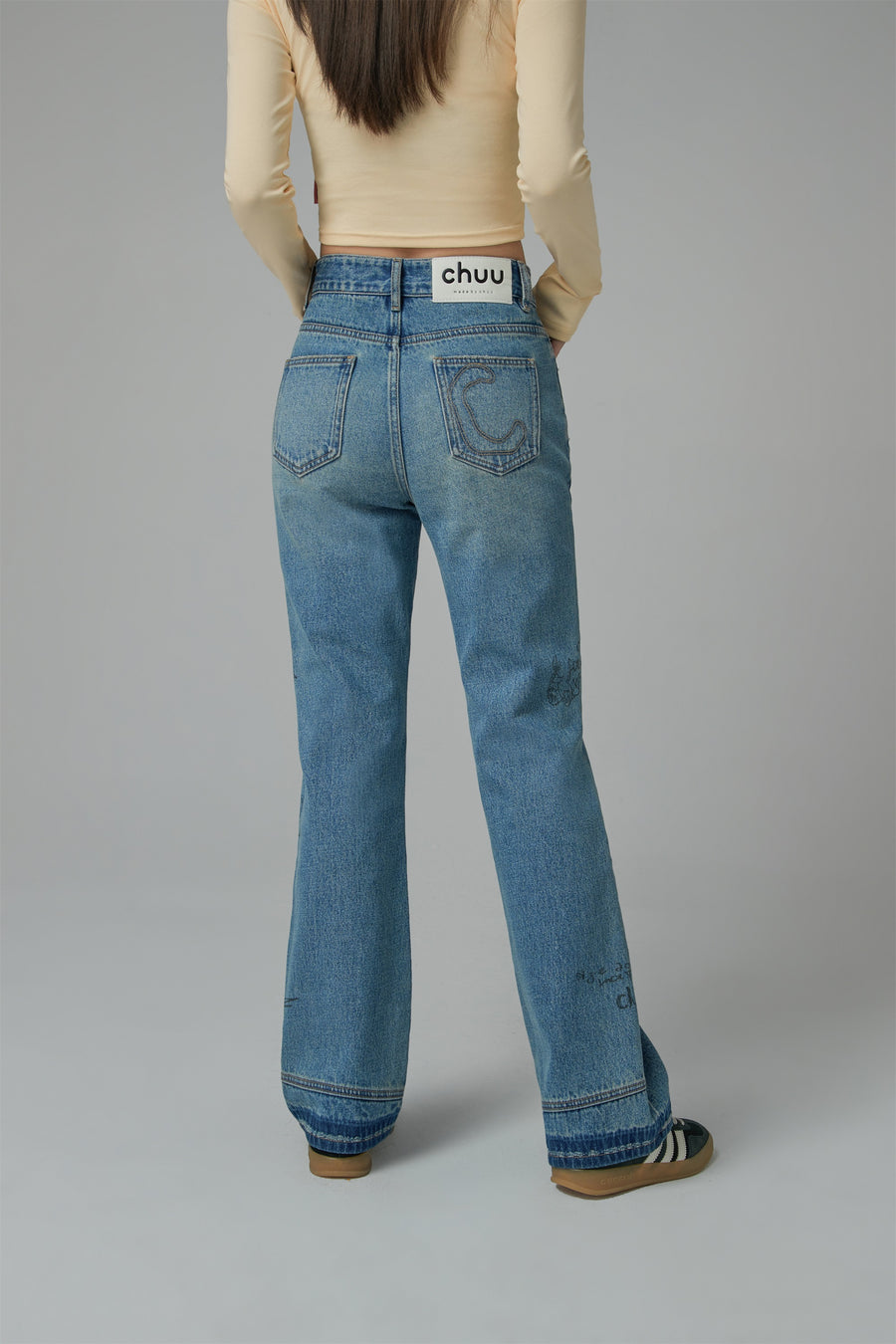 CHUU Written Notes Slim Bootcut Denim Jeans