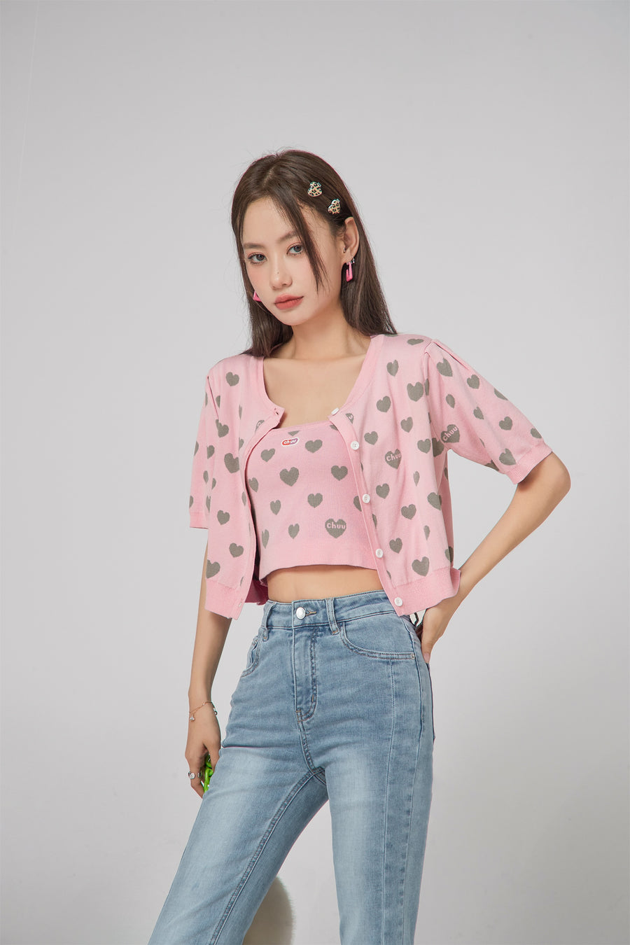 CHUU Heart Short Sleeve Knit Cardigan