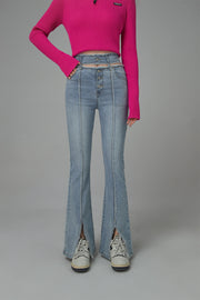 Front Slit Cutout High-Waist Washed Jeans