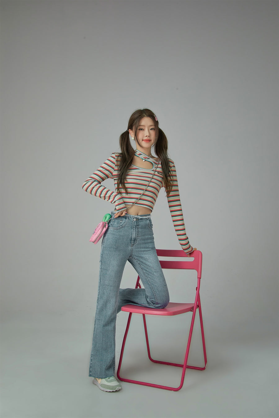 CHUU Colorful Stripes Chest Cutout Long-Sleeves Top