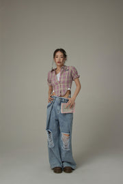 Eyelet Back Cut Out Check Shirt