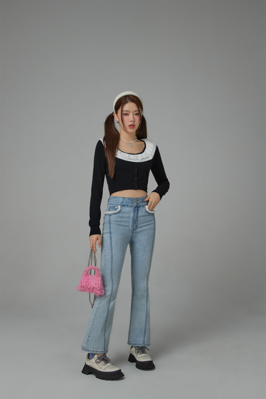 CHUU Eyelet Collar Faux Cardigan Knit Top