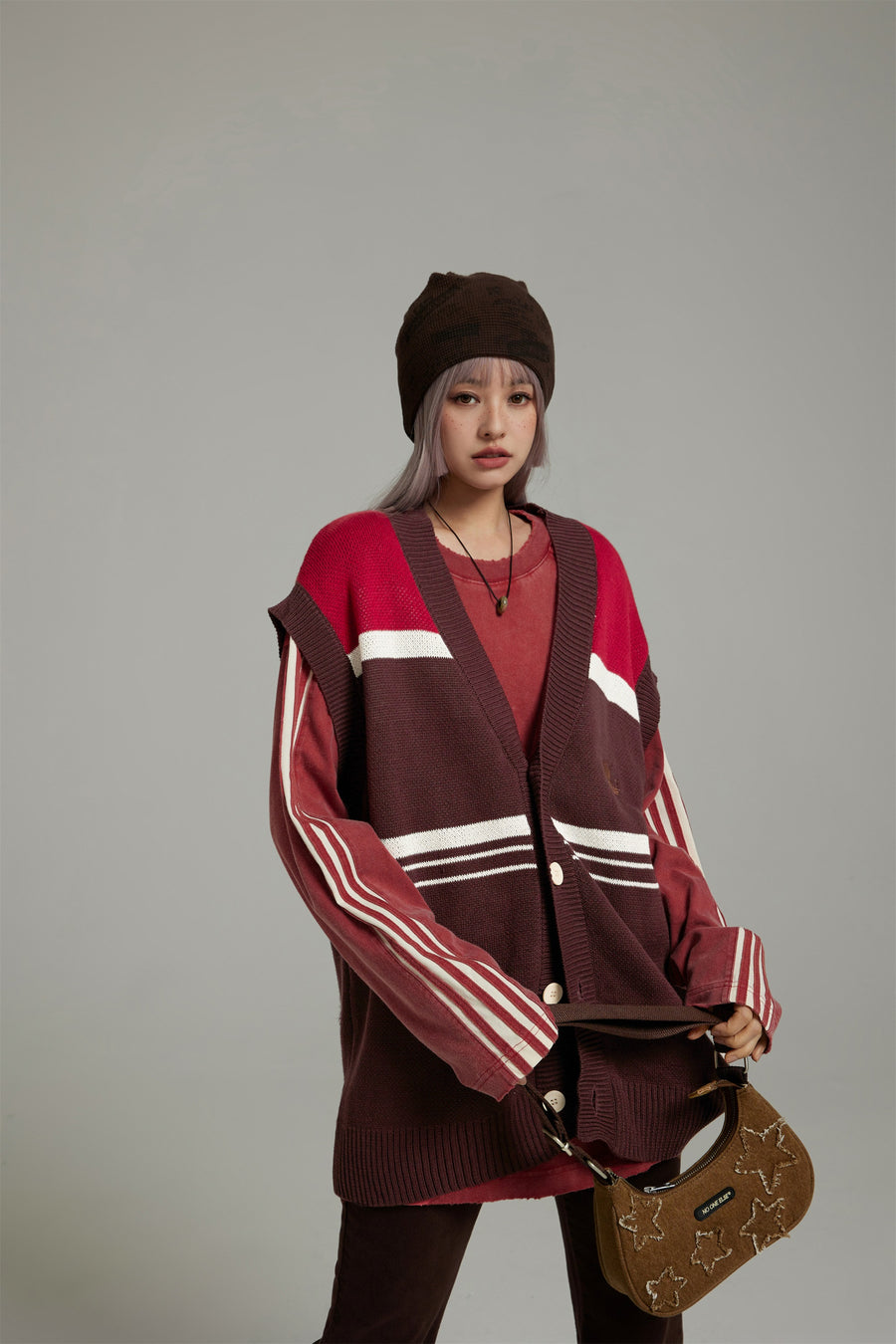 CHUU Vintage Striped Knit Vest Cardigan