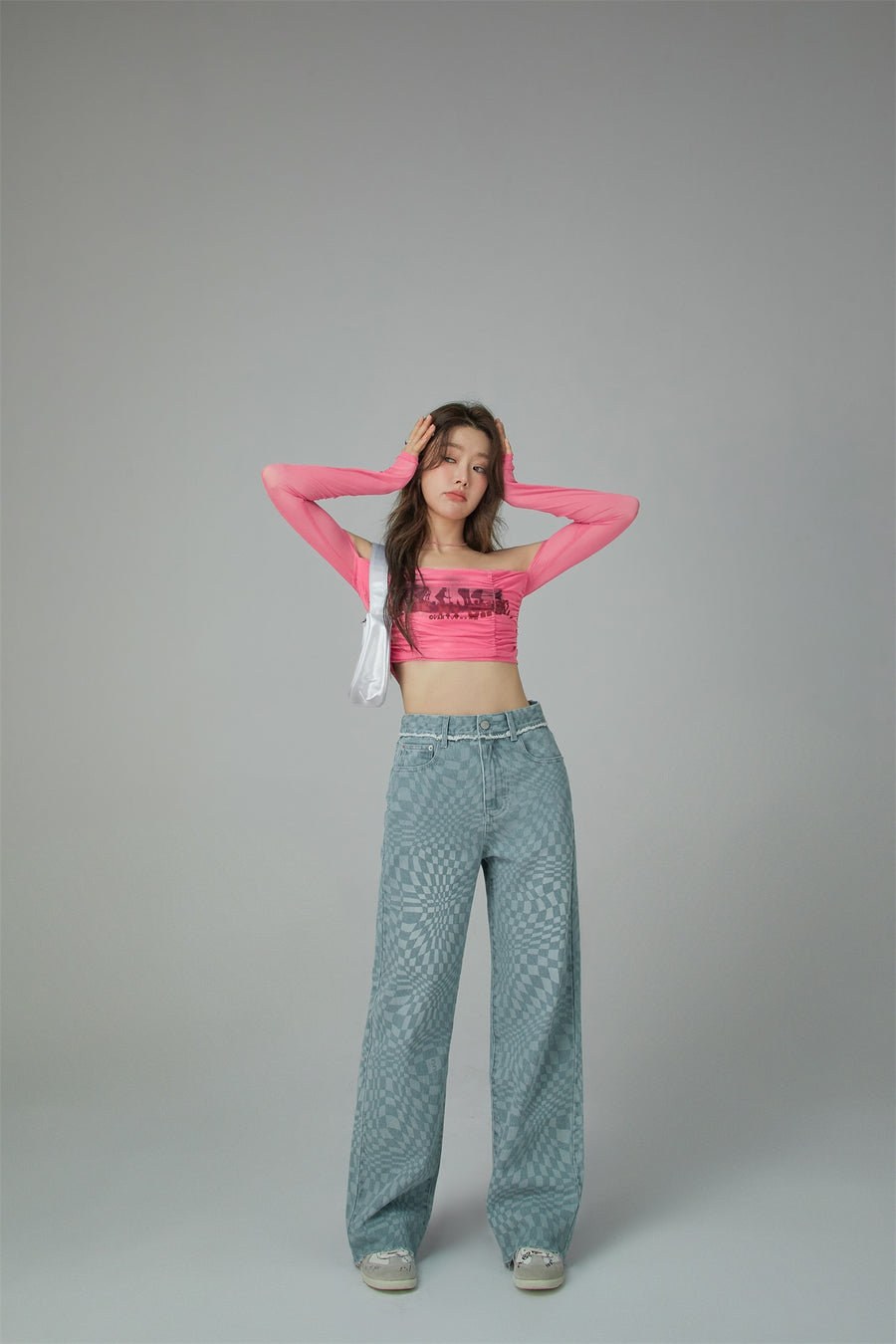 CHUU Check High-Waisted Wide Denim Pants