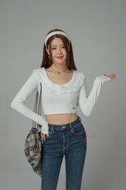 Eyelet Lace Collar Long-Sleeved Crop Top