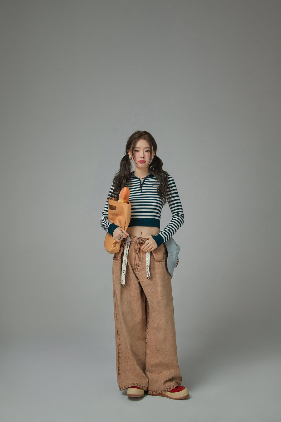 CHUU I Own A Yacht Polo Neck Stripe Cropped Knit Top