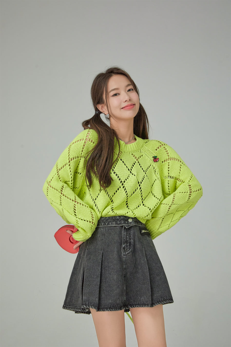 CHUU Cherry Eyelet Knit Crop Top