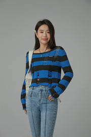 Distressed Stripe Crop Knit Top