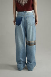 Tartan Patchwork Wide Straight Jeans