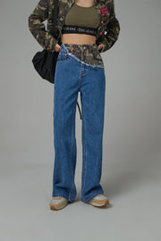 Stitched Camouflage Straight Denim Pants