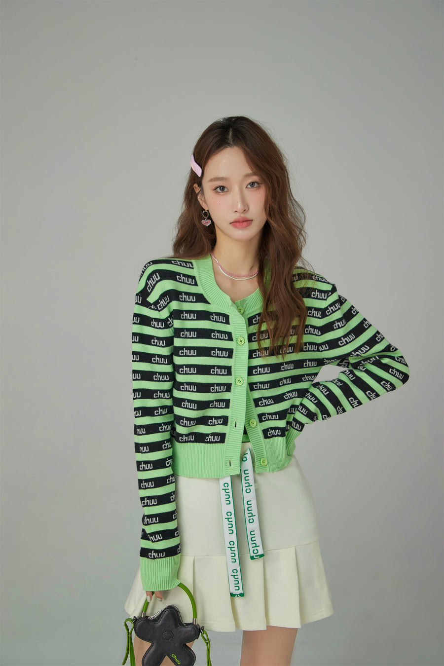 CHUU Stripes Chuu Logo Knit Cardigan