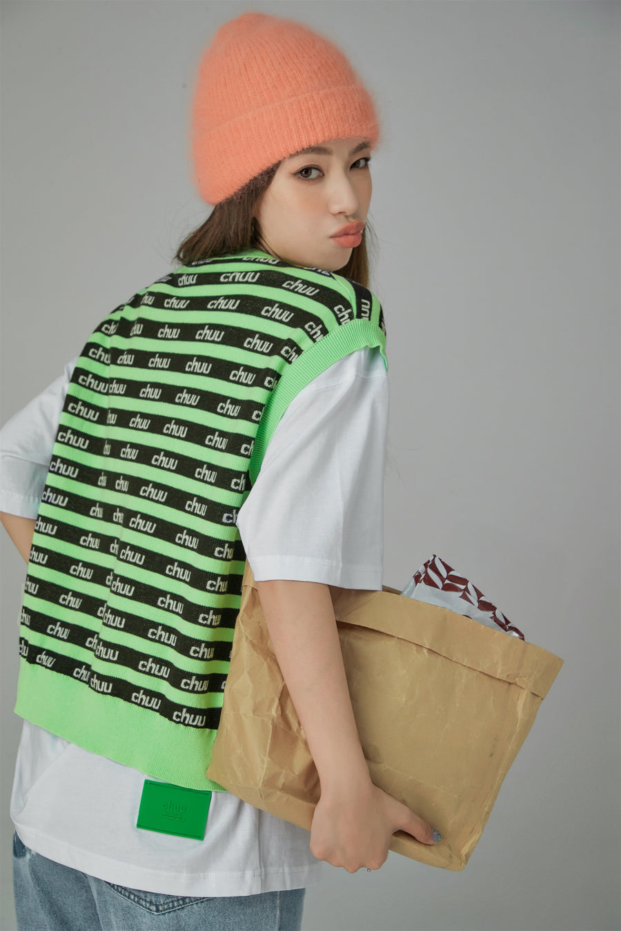 CHUU Stripes Chuu Logo Knit Vest