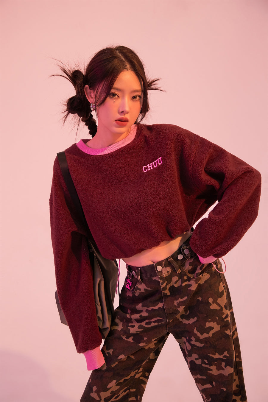 CHUU Fleece Color Matching Cropped Sweatshirt