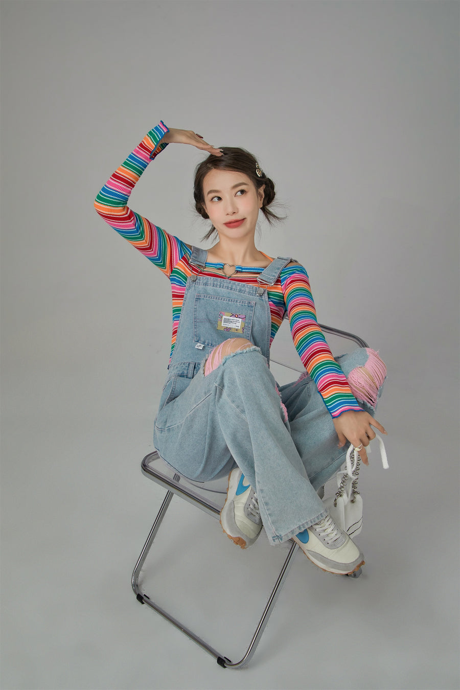 CHUU Rainbow Stripes Off-Shoulder Top